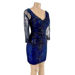 Sue Wong 3/4 SLEEVE V-NECK BEADED ROYAL BLUE & BLACK LACE COCKTAIL DRESS SIZE 4